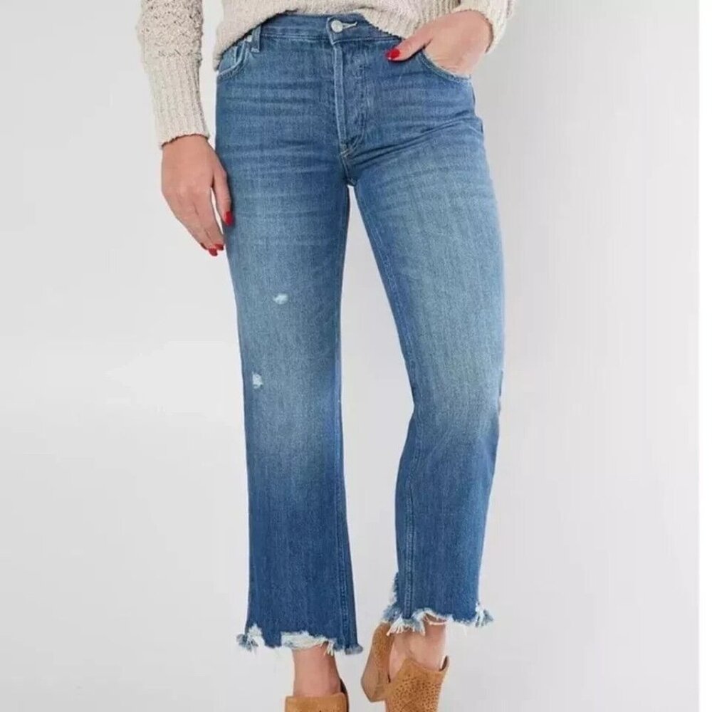 -Free People Maggie Mid Rise Baggy Straight Leg Chewed Hem Jeans Sequoia Size 26